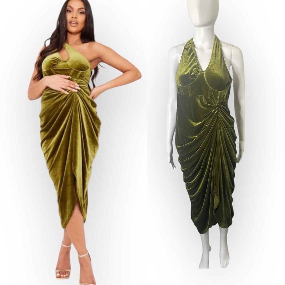 PrettyLittleThing Maternity Corset Dress Womens 8 Olive Velvet One Shoulder Midi